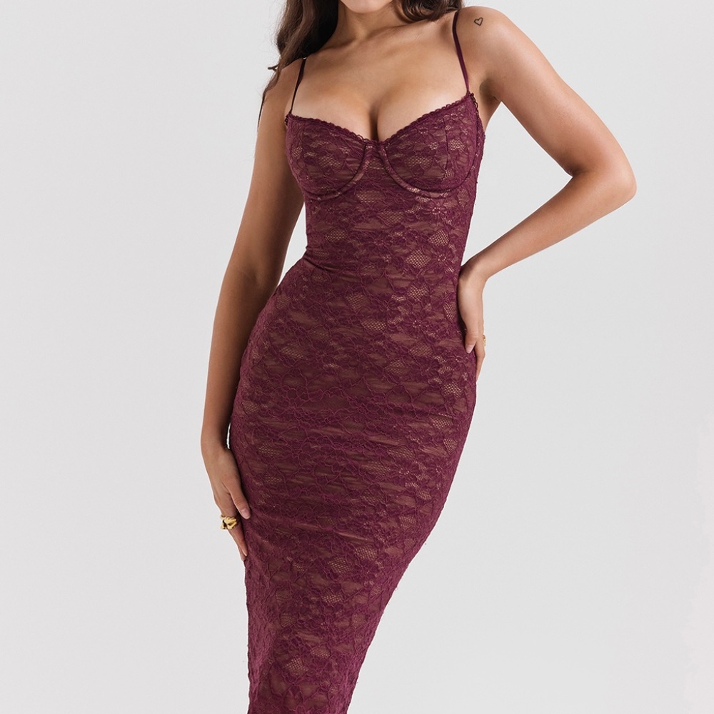 House of CB "Melina" Mulberry Lace Midi Dress Size S Regular Cup
